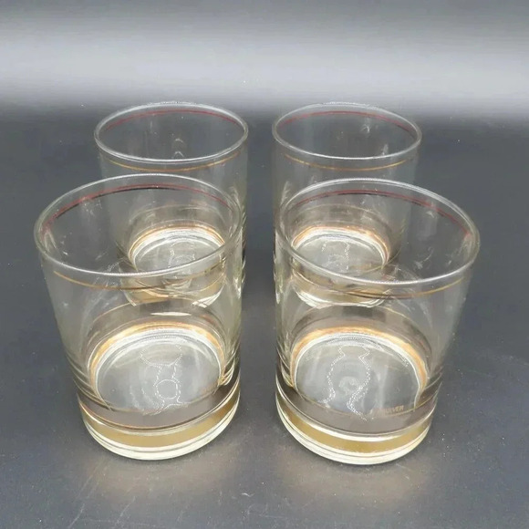 Culver Banded Rocks Low Ball Glasses Gold Silver Old Fashion Set of 4 VTG - Picture 1 of 7